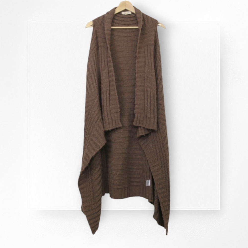 Pink Rose Draped Sweater Vest Long Cardigan Medium Brown Knit Ribbed Medium